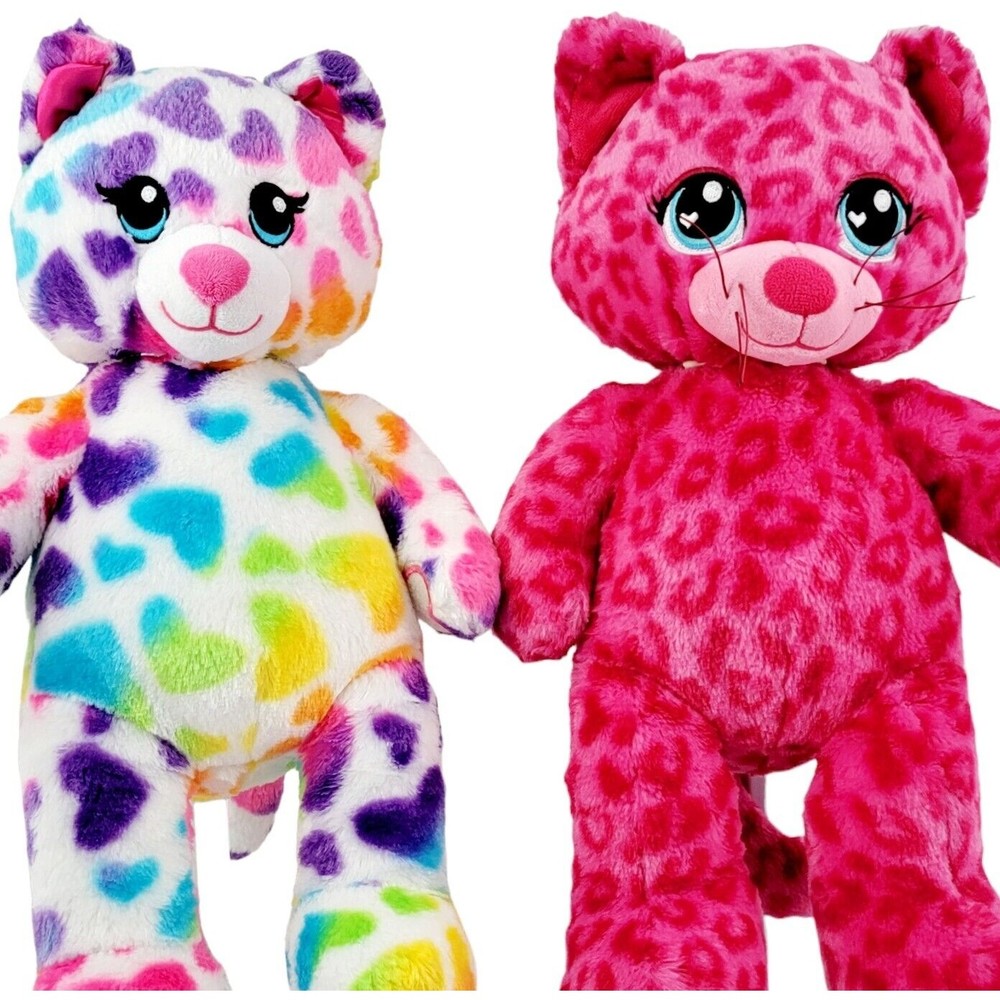Lot of 2 Build a Bears Rainbow Hearts Kitty Cat & Hot Pink Leopard Stuffed Plush
